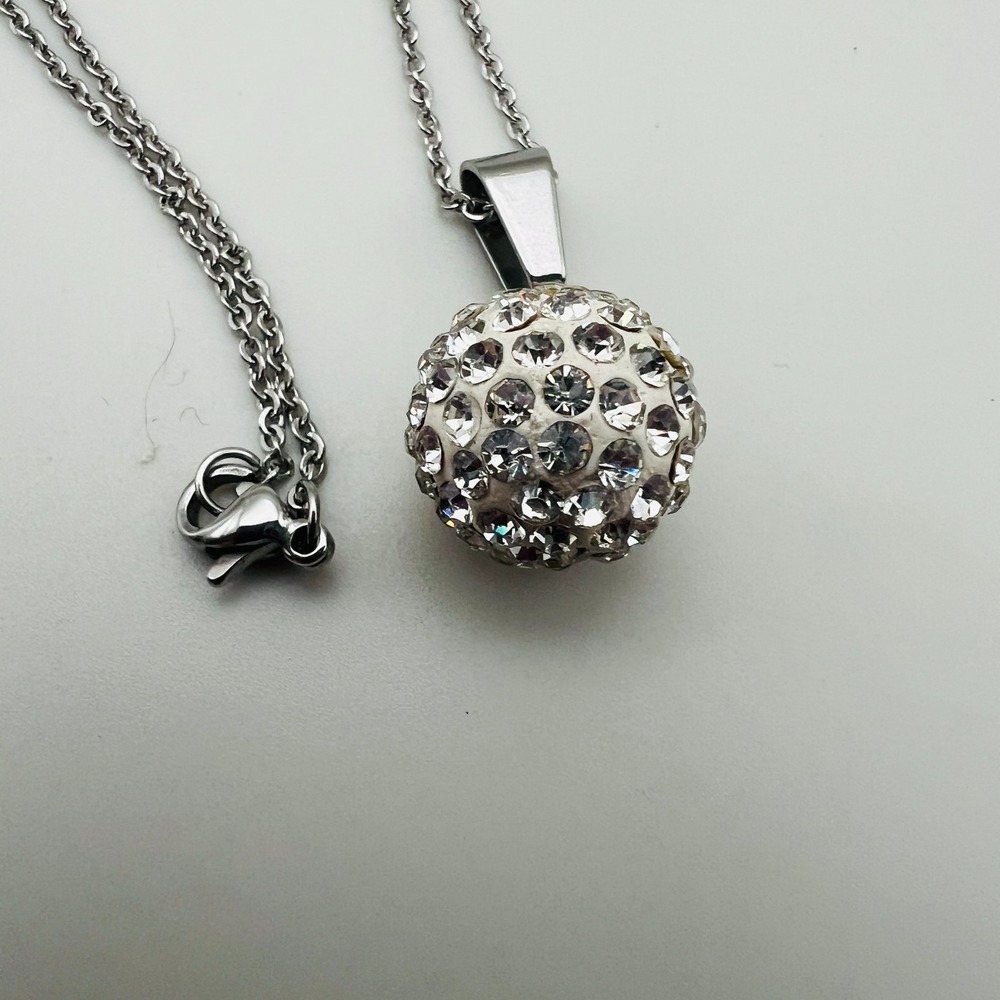 Crystal Ball Pendant Necklace Silver Tone Pave Round Drop Disco Ball 18 in